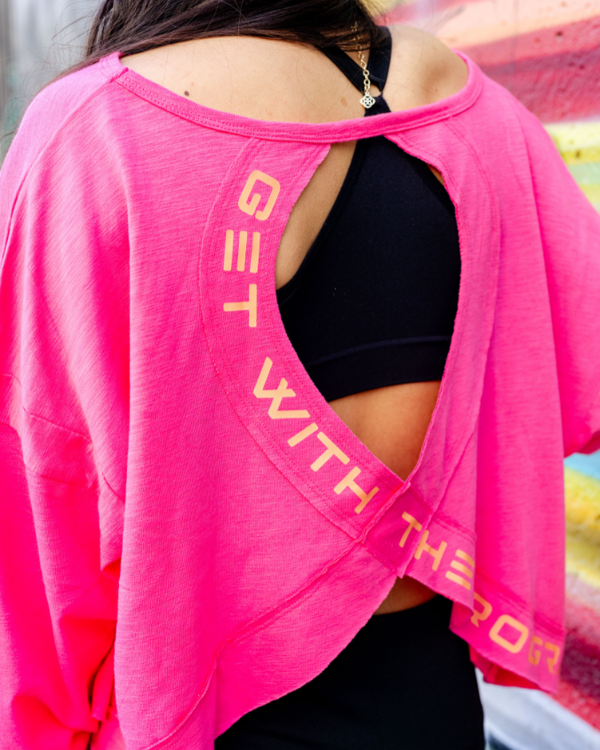 Nikki ā Hot Pink Open Back Long Sleeve with Peach Accents šš