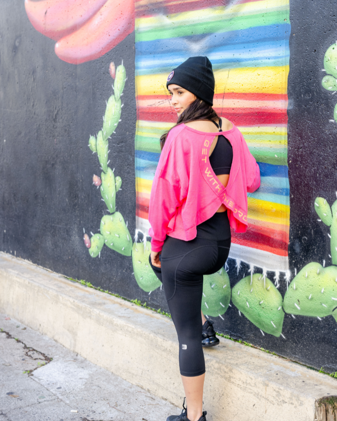 Nikki ā Hot Pink Open Back Long Sleeve with Peach Accents šš