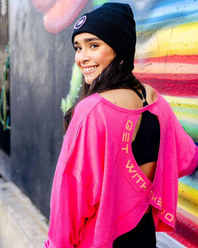 Nikki ā Hot Pink Open Back Long Sleeve with Peach Accents šš